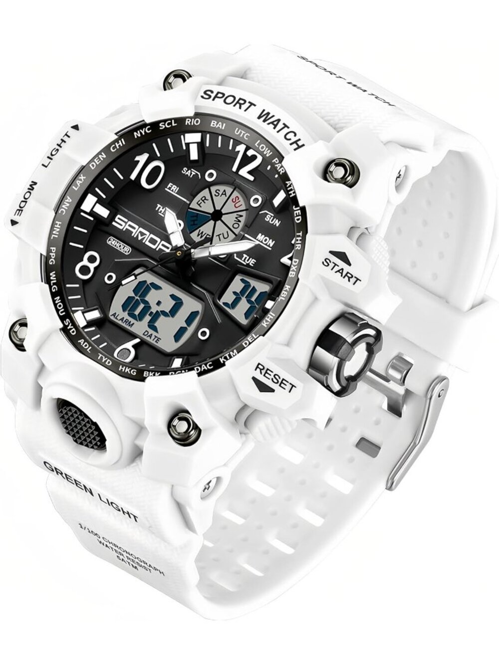 Women's White Digital LED Light Large Face Analog Multifunctional Wrist Watches